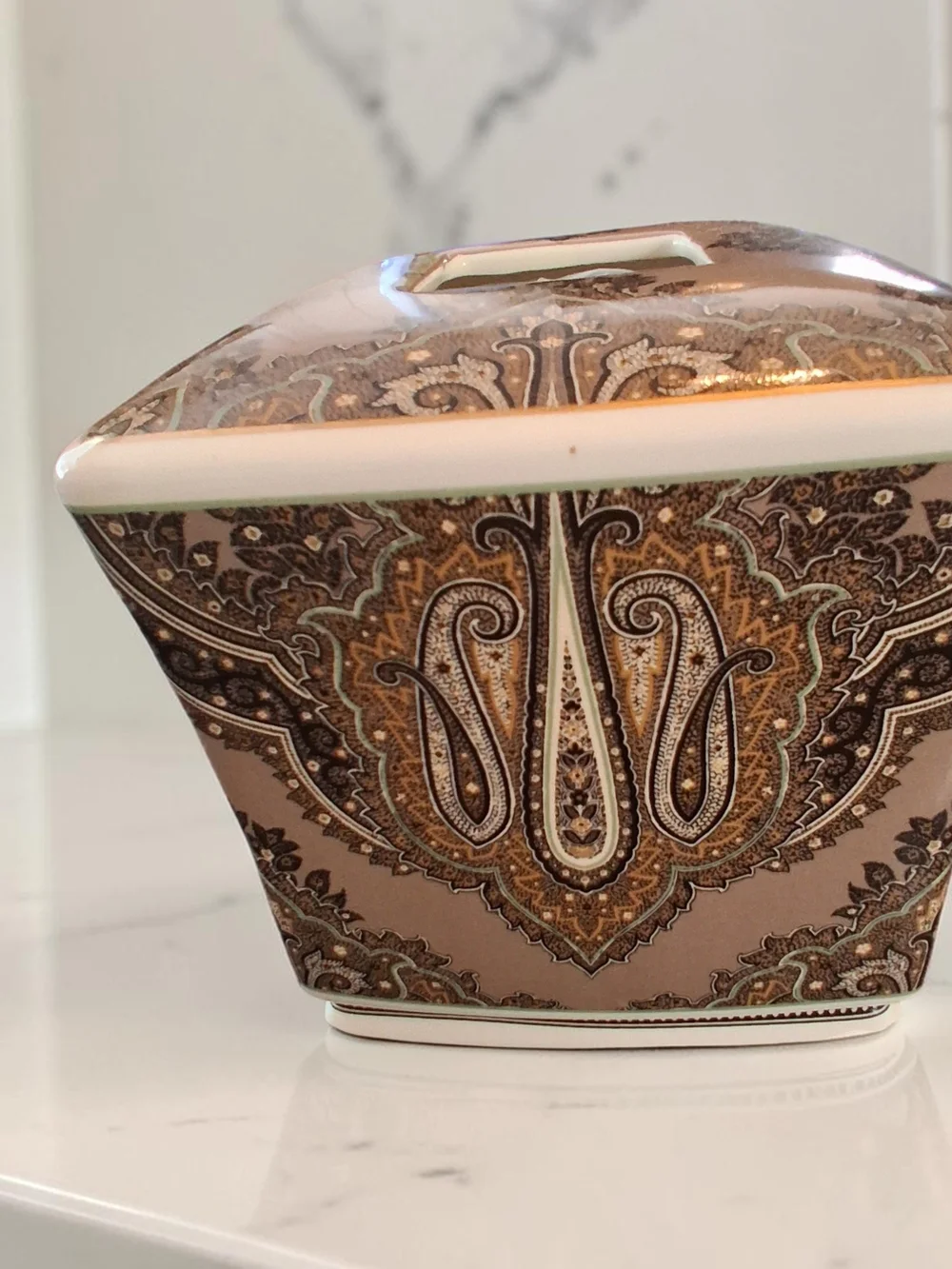 Croscill ceramic tissue box coverand Toothbrush Tan, Brown, and Gold Paisley.